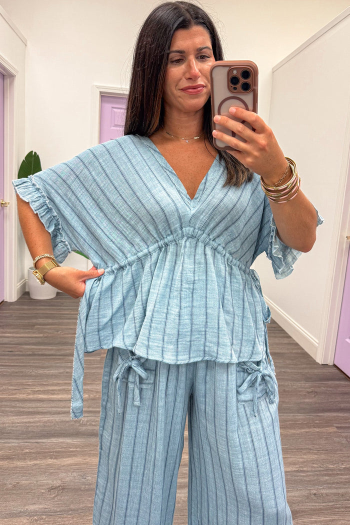 light blue with navy blue stripes drawstring cinch waist dolman sleeve relaxed silhouette top