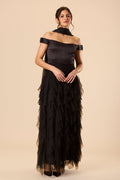 Satin tulle ruffle black maxi off shoulder evening formal dress