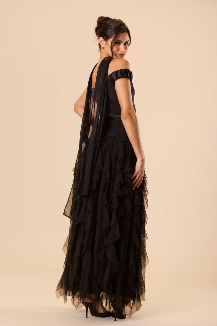 Shauna Off Shoulder Maxi Dress with Scarf in Black