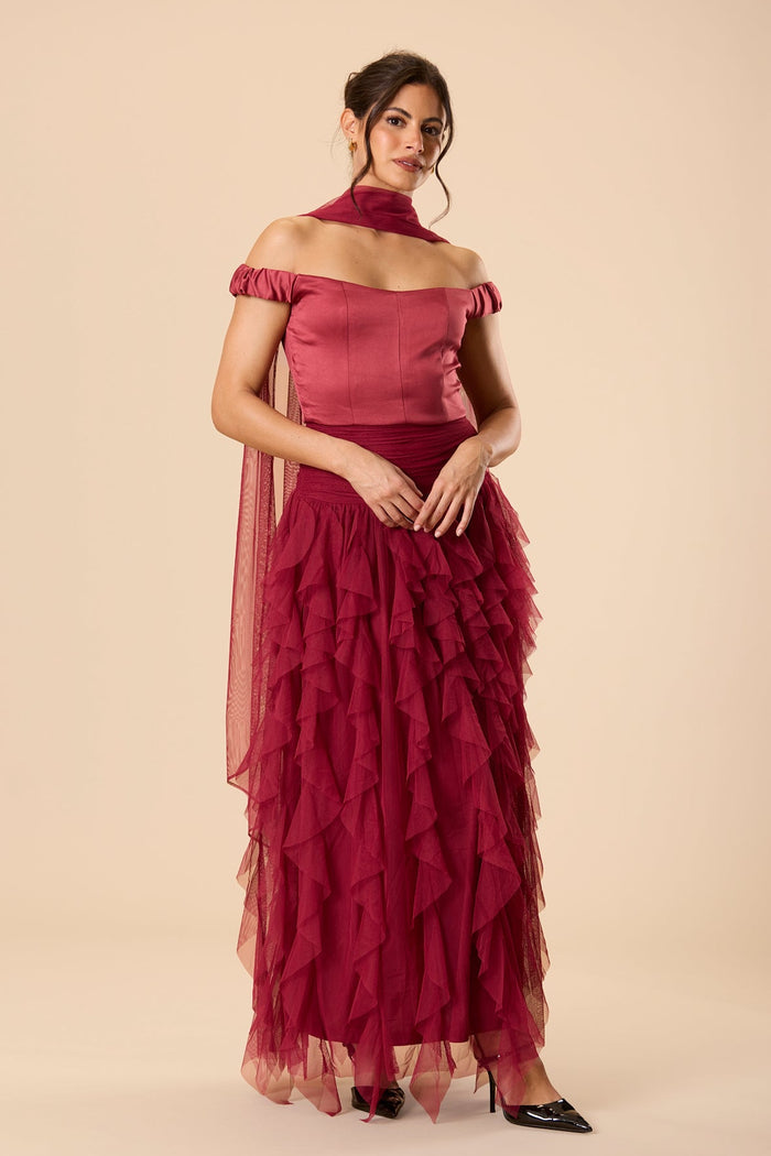 Off shoulder satin sweetheart neckline drop waist tulle ruffle maxi skirt