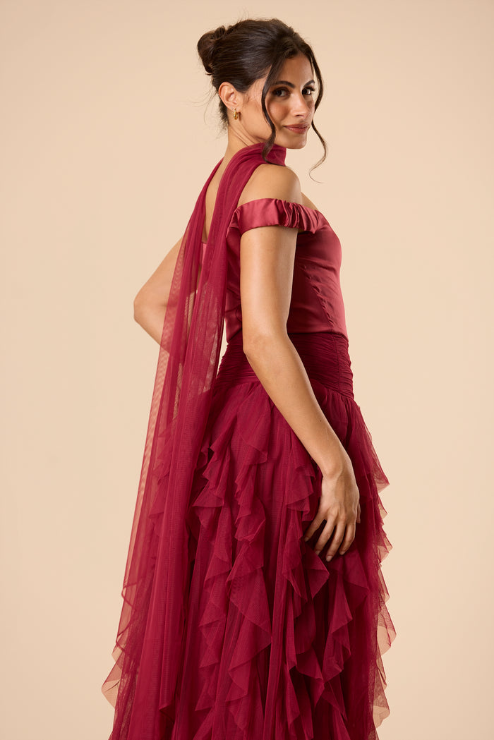 Shauna Off Shoulder Maxi Dress with Scarf in Raspberry