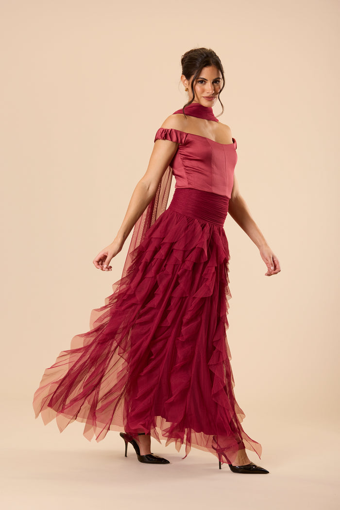 Shauna Off Shoulder Maxi Dress with Scarf in Raspberry