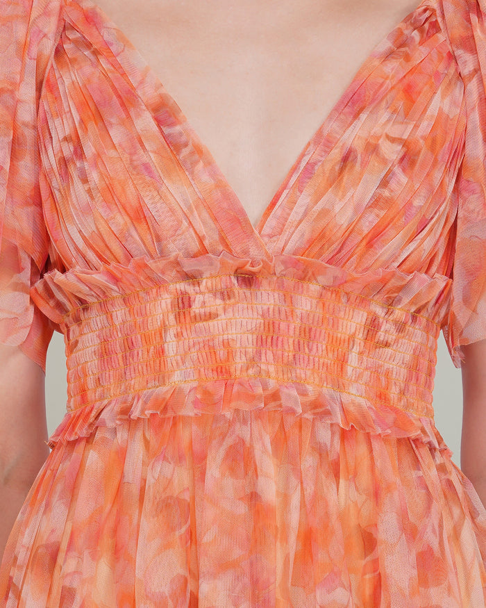 Shelby Tulle Mini Dress in Orange Camellia Print