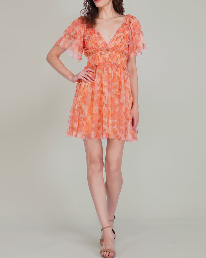 Shelby Tulle Mini Dress in Orange Camellia Print