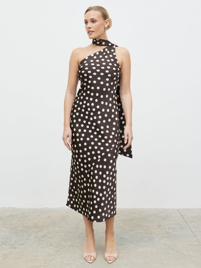 Harriet is 5'8" & Wears Size UK 8|Sheree Midaxi Dress - Brown and Cream Polka Dot