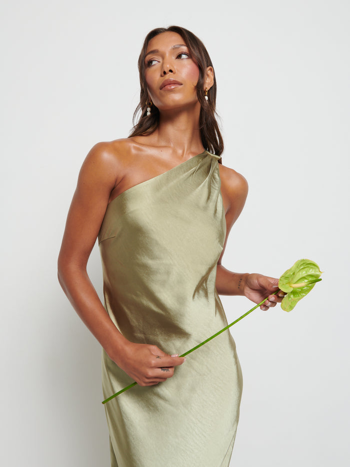 Aurelia is 5'9" & Wears Size UK 8|Sheree Scarf Maxi Bridesmaid Dress - Olive