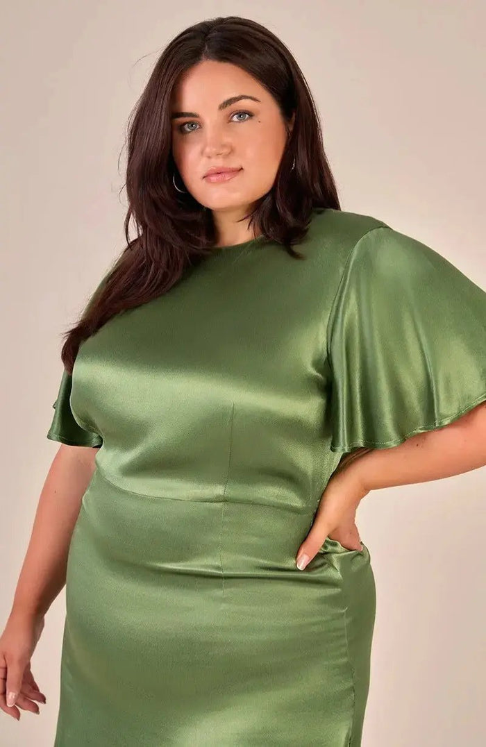Sienna Dress in Olive Viscose Satin Rewritten London