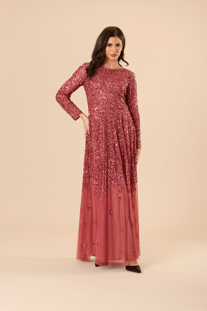 Sila Long Sleeve Embellished Maxi Dress in Auburn