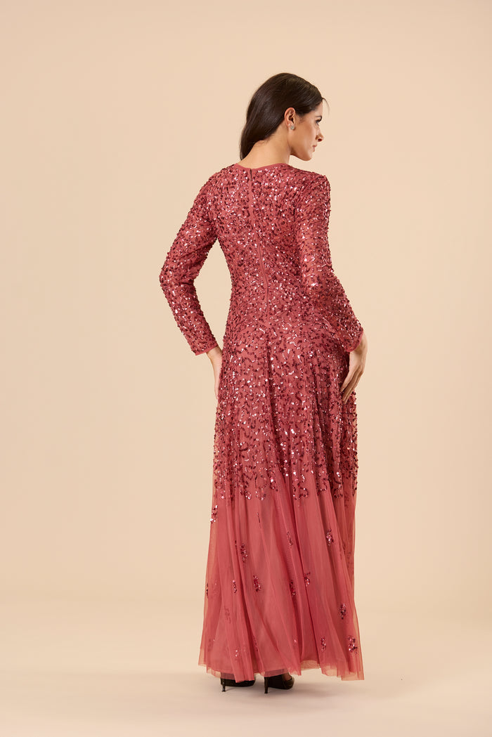 Sila Long Sleeve Embellished Maxi Dress in Auburn
