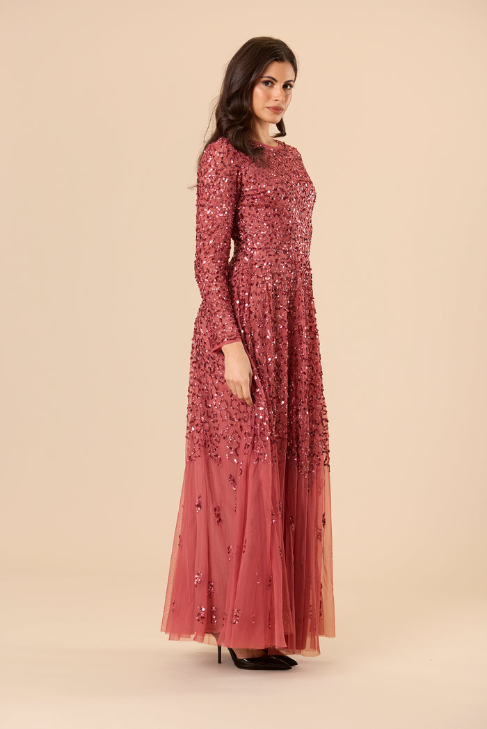 Sila Long Sleeve Embellished Maxi Dress in Auburn