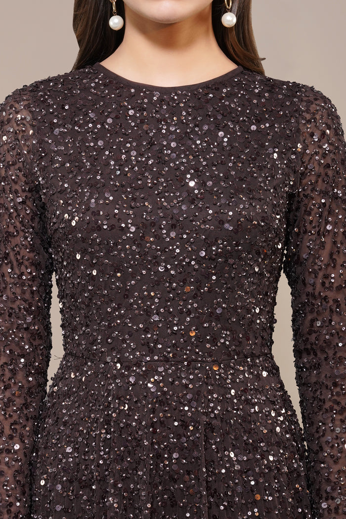 Sila Long Sleeve Embellished Maxi Dress in Coffee Brown