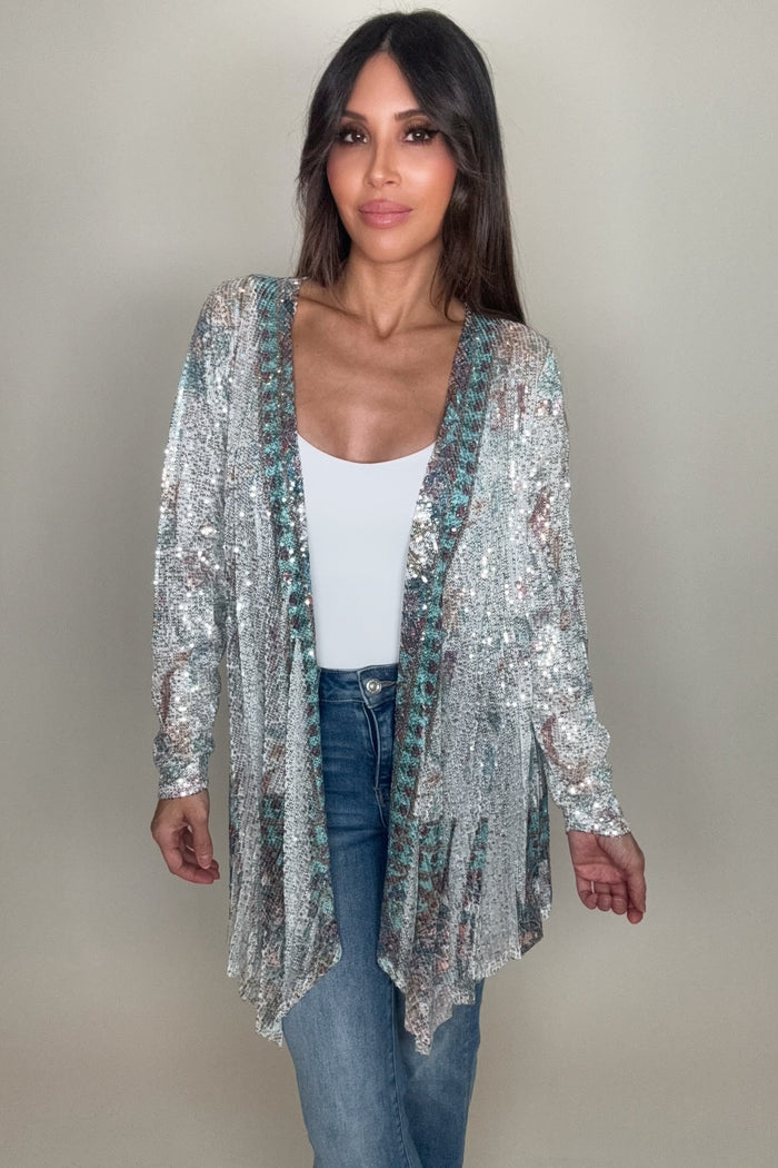 Style the Silver Turquoise Sequin Cardigan exclusively at Born To Glam