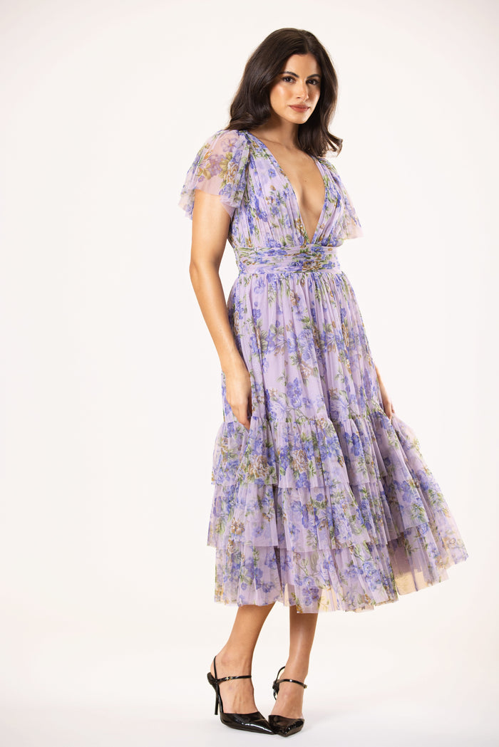 Smocked Madison Tulle Midi Dress in Lilac Print
