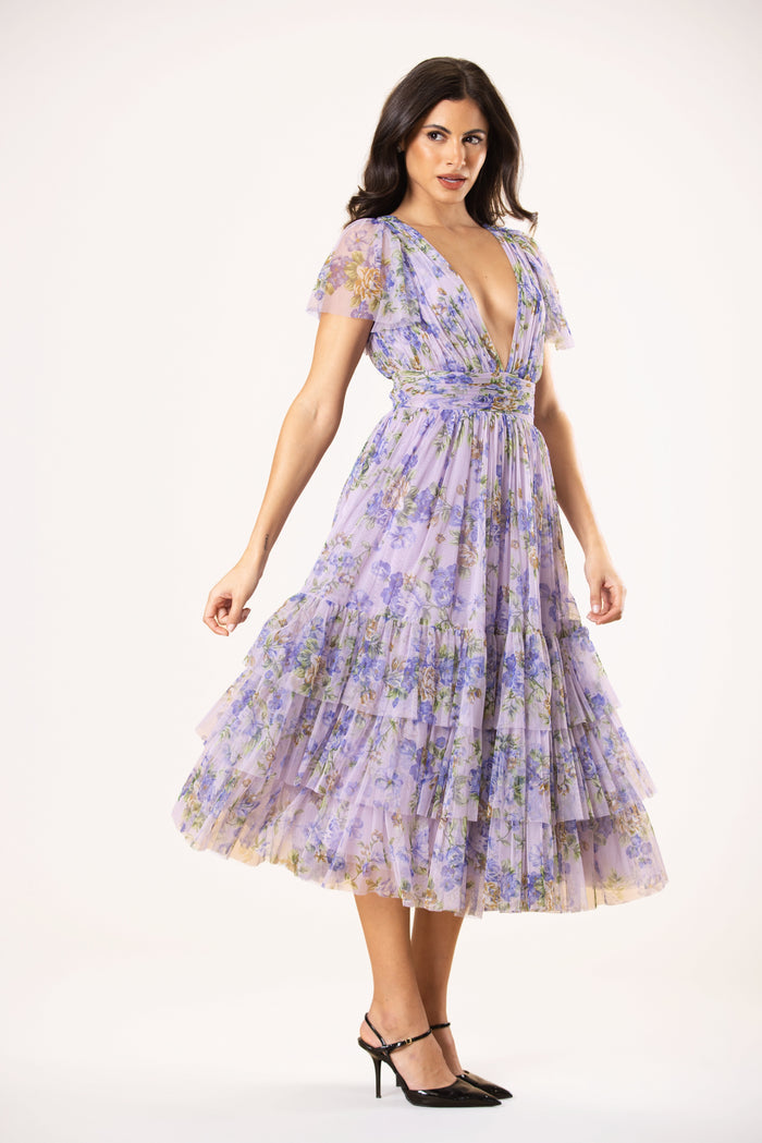 Smocked Madison Tulle Midi Dress in Lilac Print