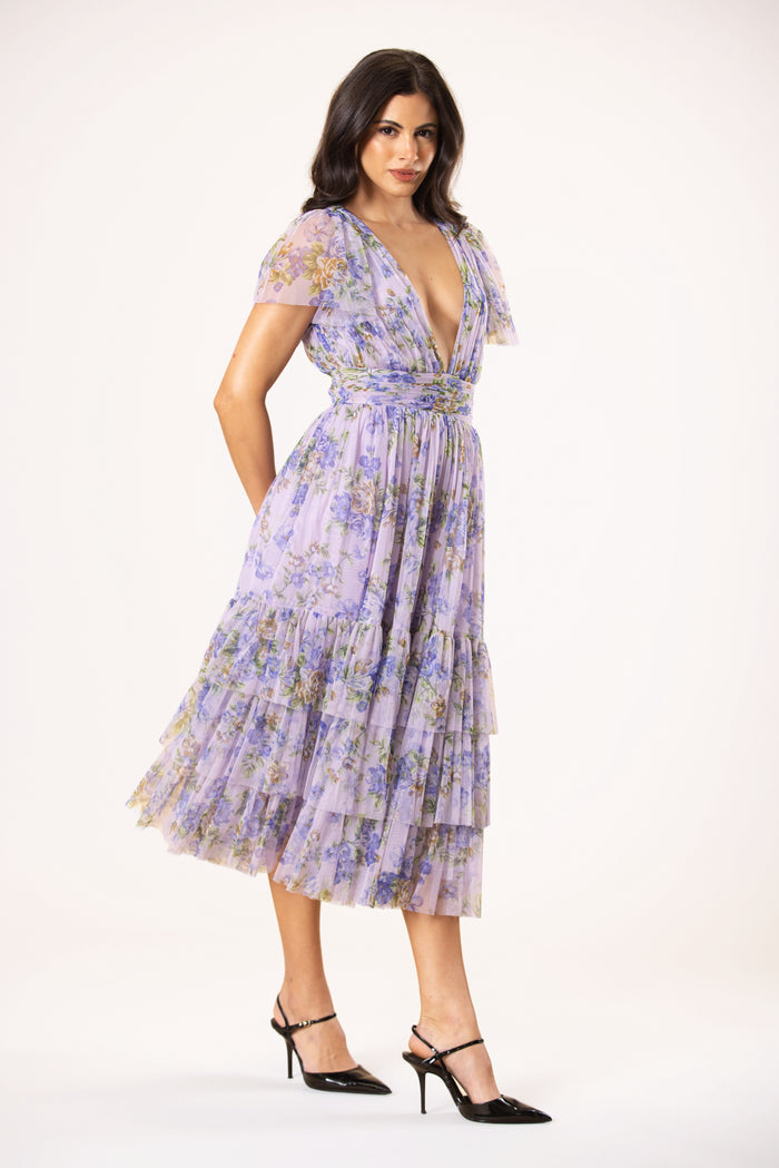 Smocked Madison Tulle Midi Dress in Lilac Print