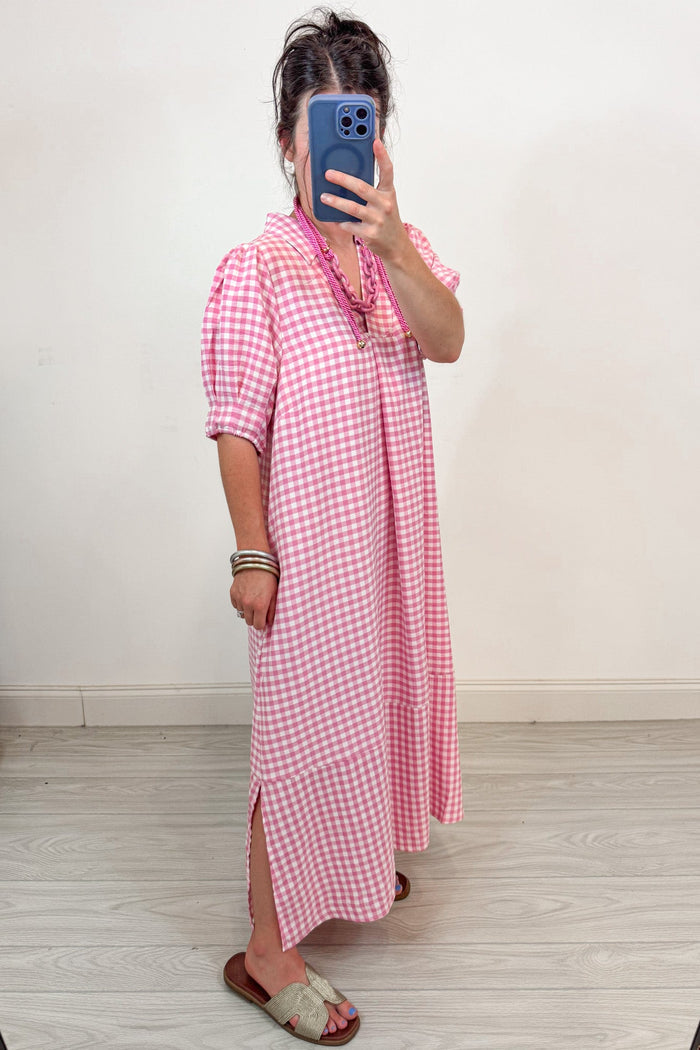 umgee pink gingham maxi dress