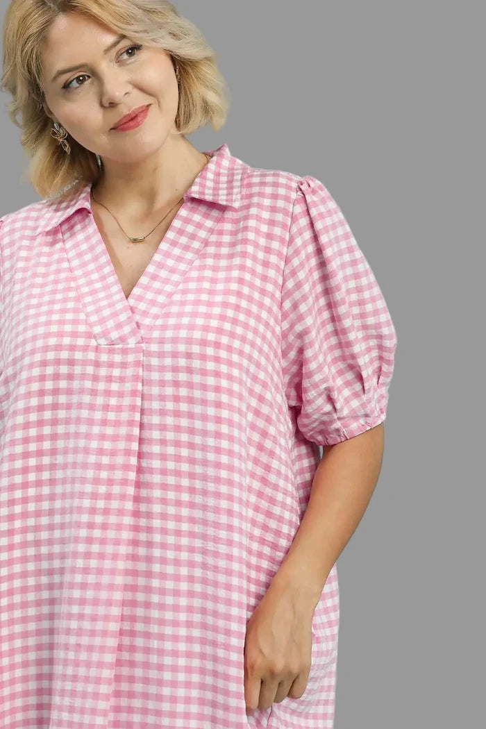 women's plus sizes umgee pink gingham dress details