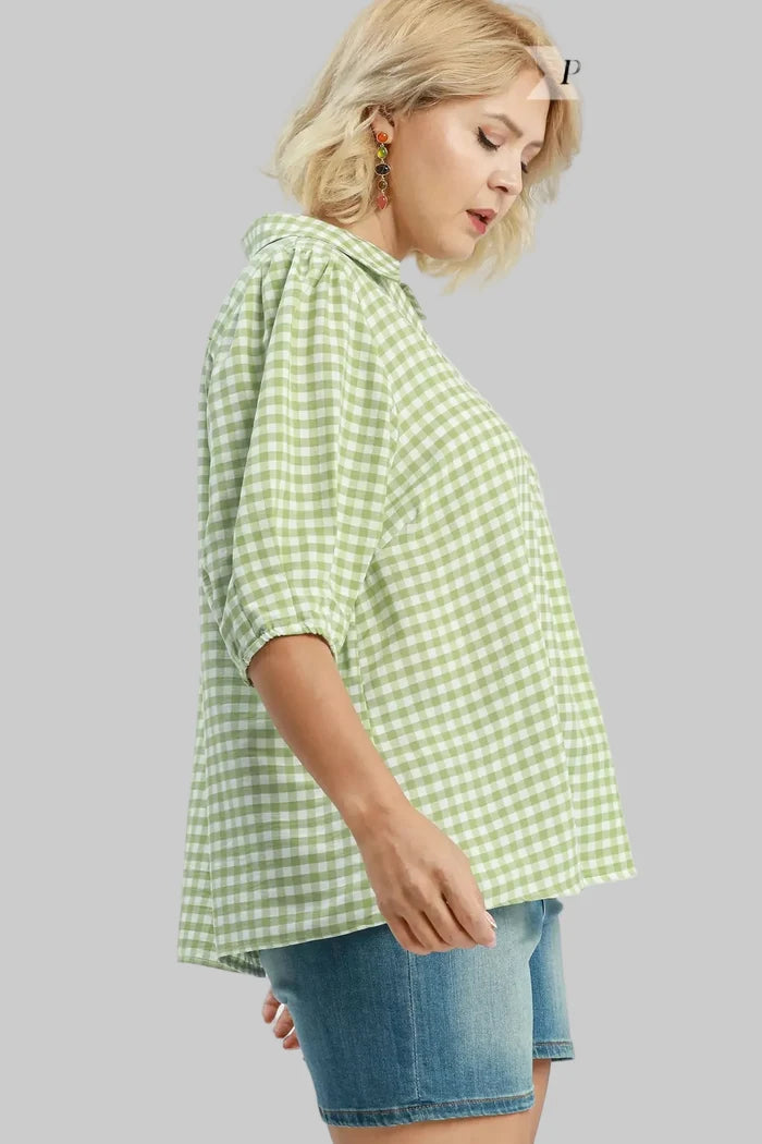 umgee plus size sage green gingham top