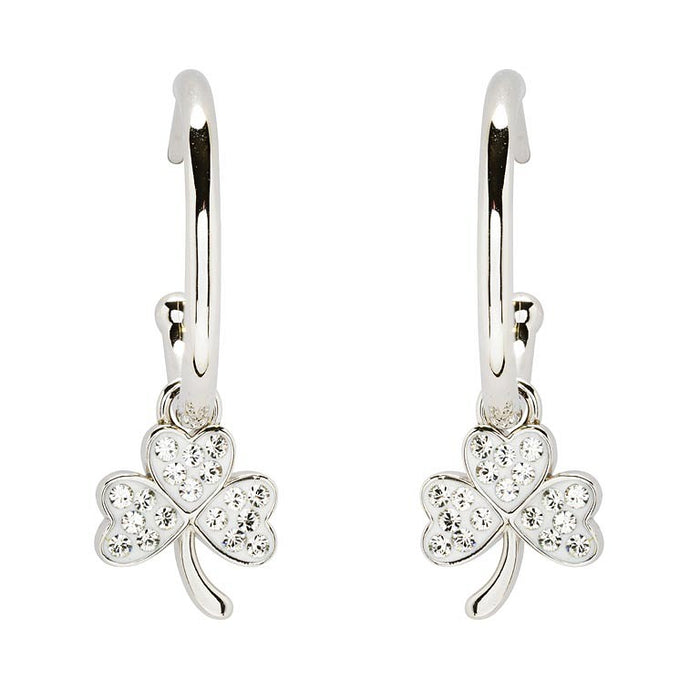 Sterling Silver Crystal Shamrock Hoop Earrings