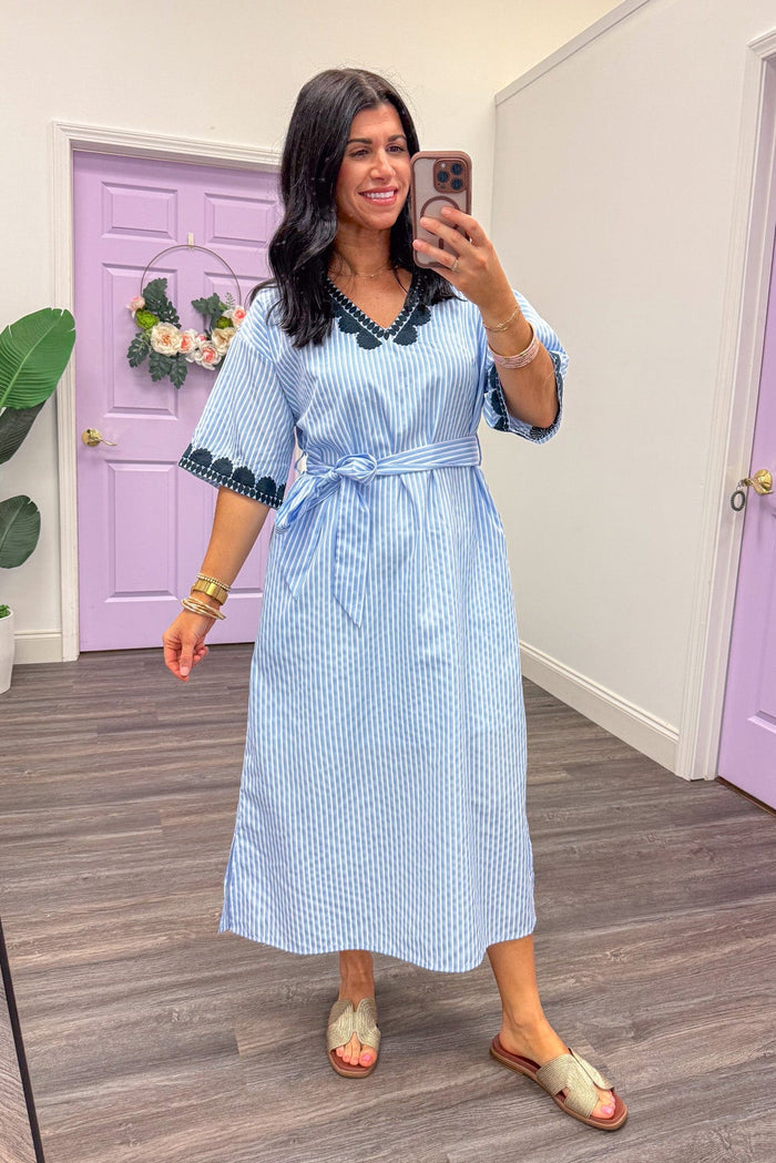 navy white striped embroidered midi dress