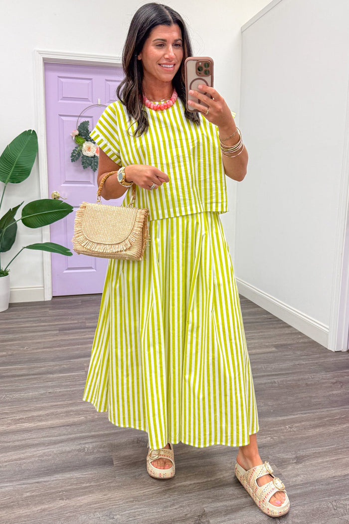 lime green and cream vertical striped poplin pleated midi skirt