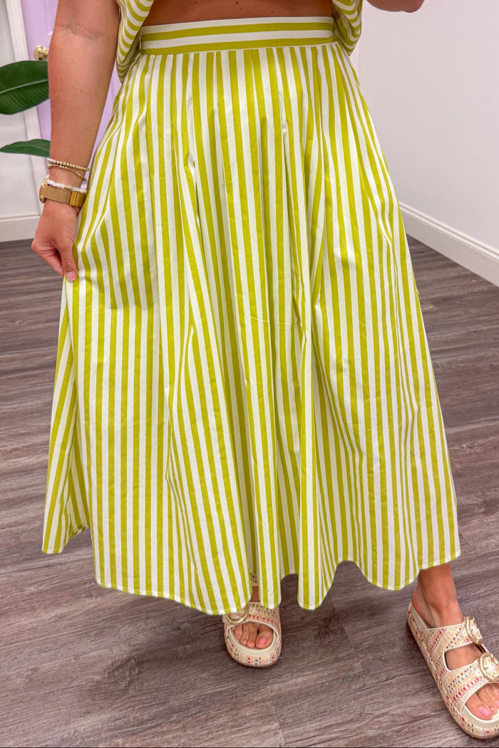 lime green and cream vertical striped poplin pleated flowy silhouette midi skirt