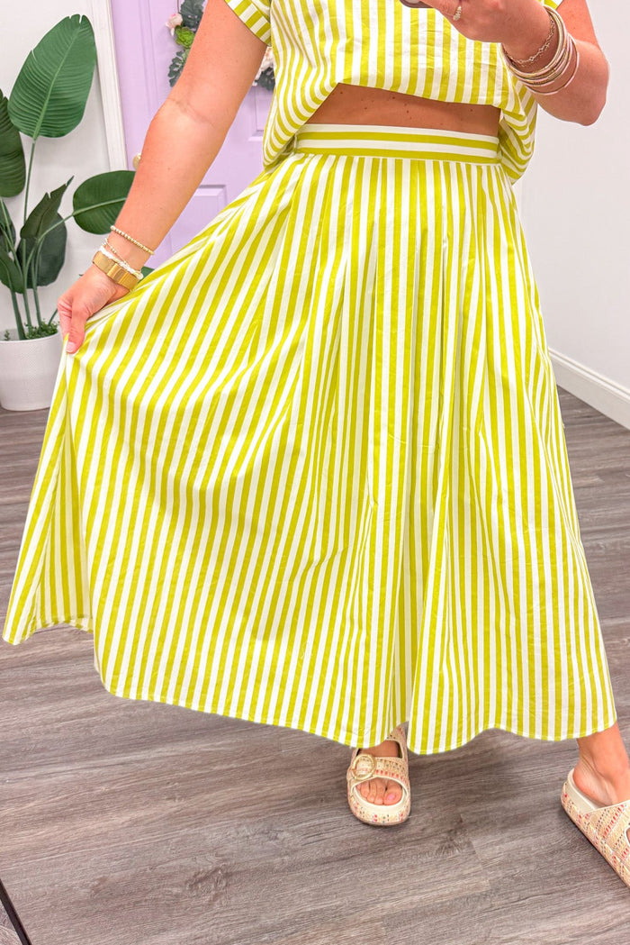 lime green and cream vertical striped poplin pleated relaxed silhouette midi skirt