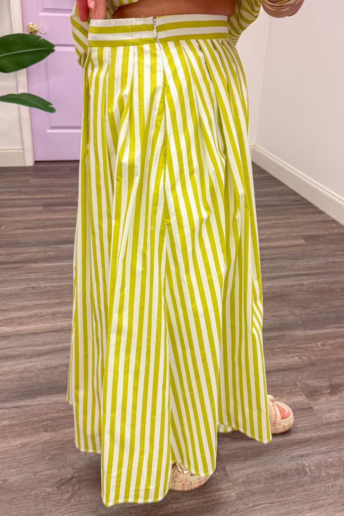 lime green and cream striped pleated side zipper closure midi skirt