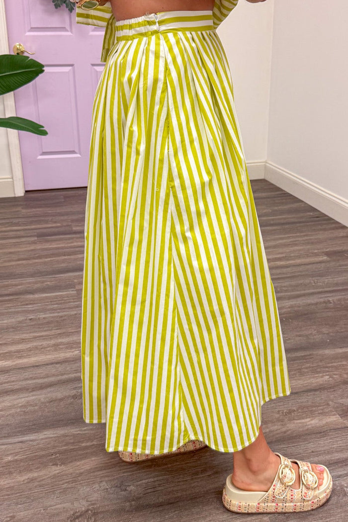 lime green and cream striped back elastic waistband pleated midi skirt