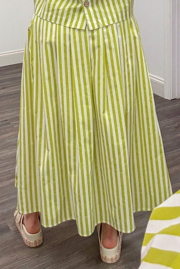 lime green and cream vertical striped poplin pleated midi skirt back view