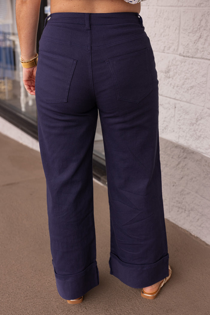 navy cotton twill denim wide leg cuff pants back