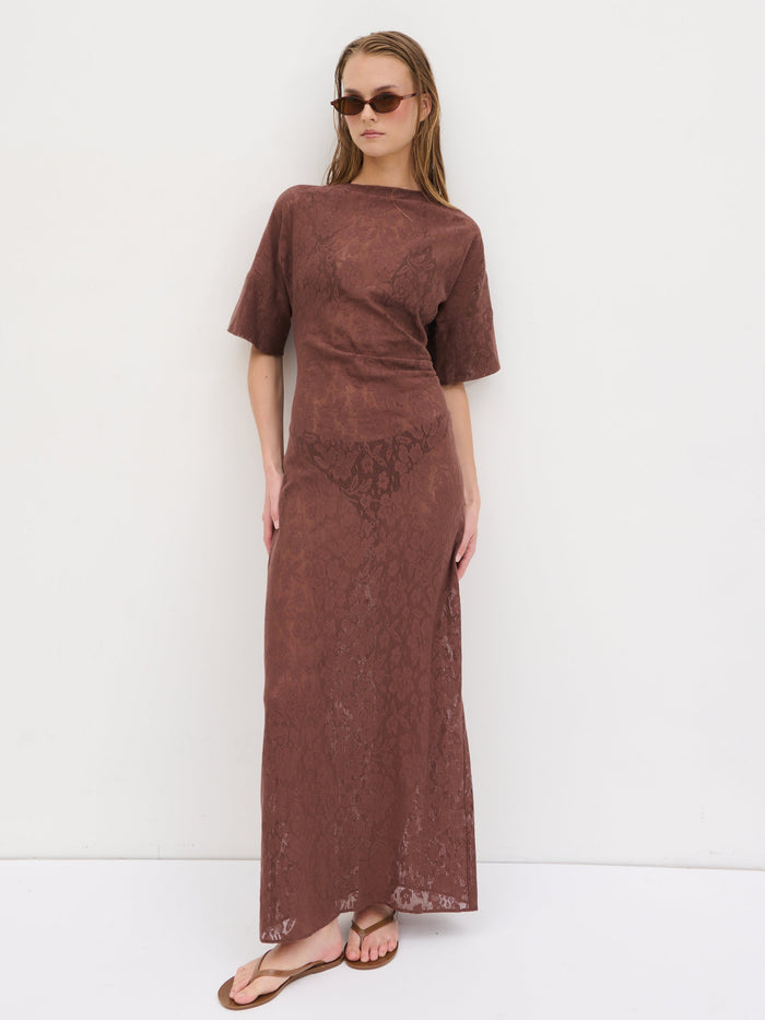 Nina is 5'8" & Wears Size UK 6|Suvi Crochet T-shirt Dress - Chocolate Brown