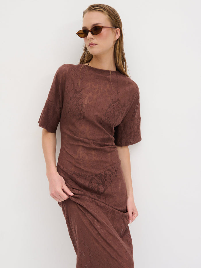 Nina is 5'8" & Wears Size UK 6|Suvi Crochet T-shirt Dress - Chocolate Brown