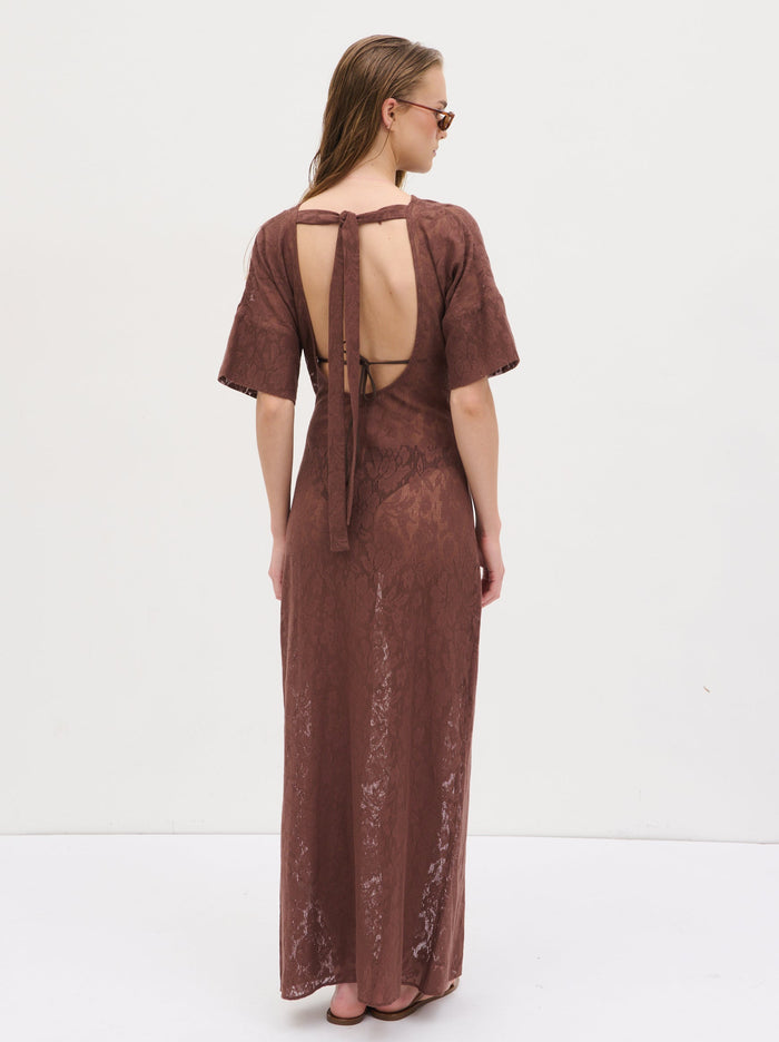 Nina is 5'8" & Wears Size UK 6|Suvi Crochet T-shirt Dress - Chocolate Brown