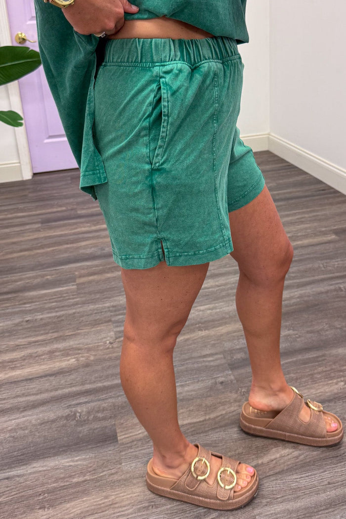 mineral washed kelly green knit shorts with reverse seam details