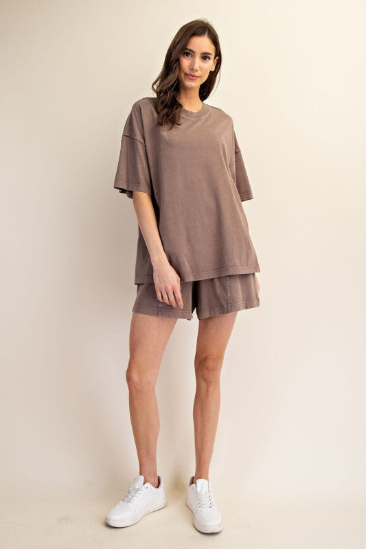 Women's oversized top in mineral washed mocha brown by Rae Mode showing full front view