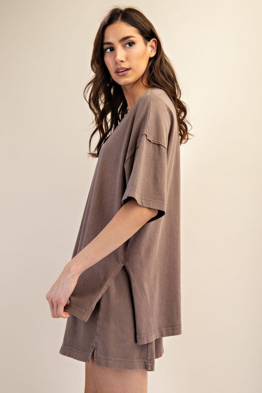 Women's oversized top in mineral washed mocha brown by Rae Mode showing full side view