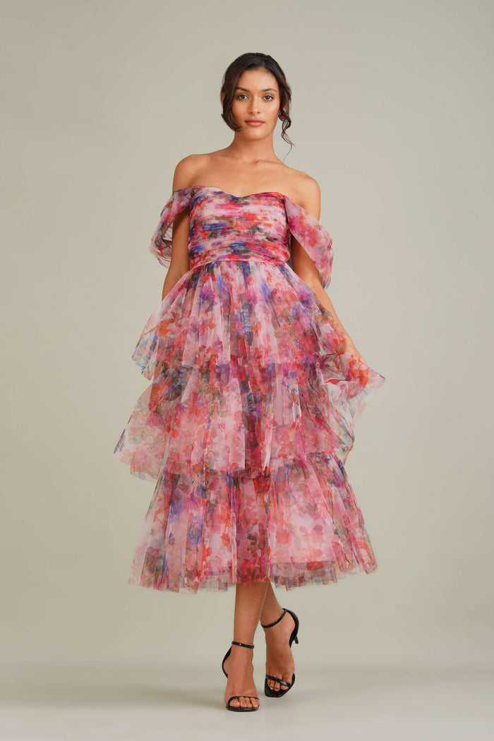 Off Shoulder Floral Pink Print Layered Midi Dress