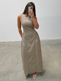 Lana is 5'9.5" & Wears Size UK 8|Sylvie Slash Neck Midaxi Dress - Taupe