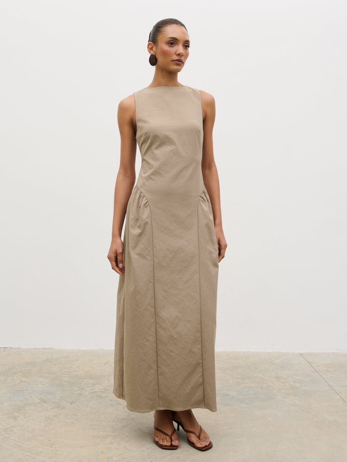 Lana is 5'9.5" & Wears Size UK 8|Sylvie Slash Neck Midaxi Dress - Taupe