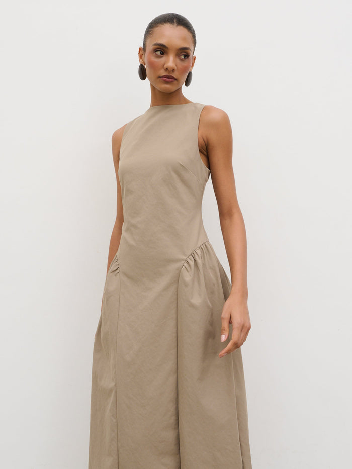 Lana is 5'9.5" & Wears Size UK 8|Sylvie Slash Neck Midaxi Dress - Taupe