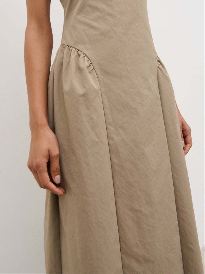 Lana is 5'9.5" & Wears Size UK 8|Sylvie Slash Neck Midaxi Dress - Taupe