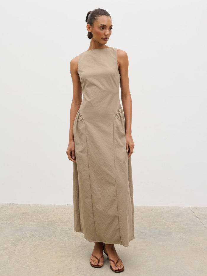 Lana is 5'9.5" & Wears Size UK 8|Sylvie Slash Neck Midaxi Dress - Taupe