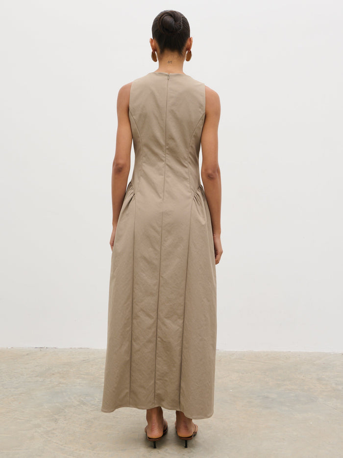 Lana is 5'9.5" & Wears Size UK 8|Sylvie Slash Neck Midaxi Dress - Taupe
