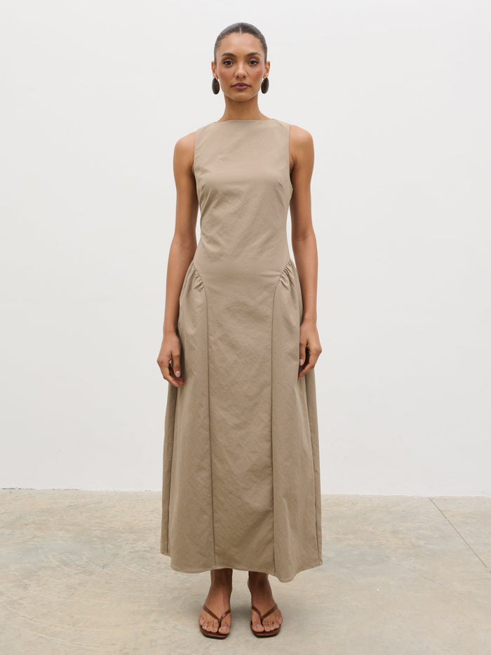 Lana is 5'9.5" & Wears Size UK 8|Sylvie Slash Neck Midaxi Dress - Taupe