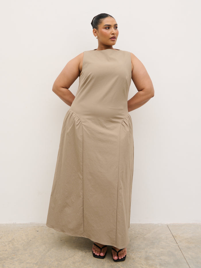 Souki Is 5'8" & Wears Size UK 18|Sylvie Slash Neck Midaxi Dress Curve - Taupe