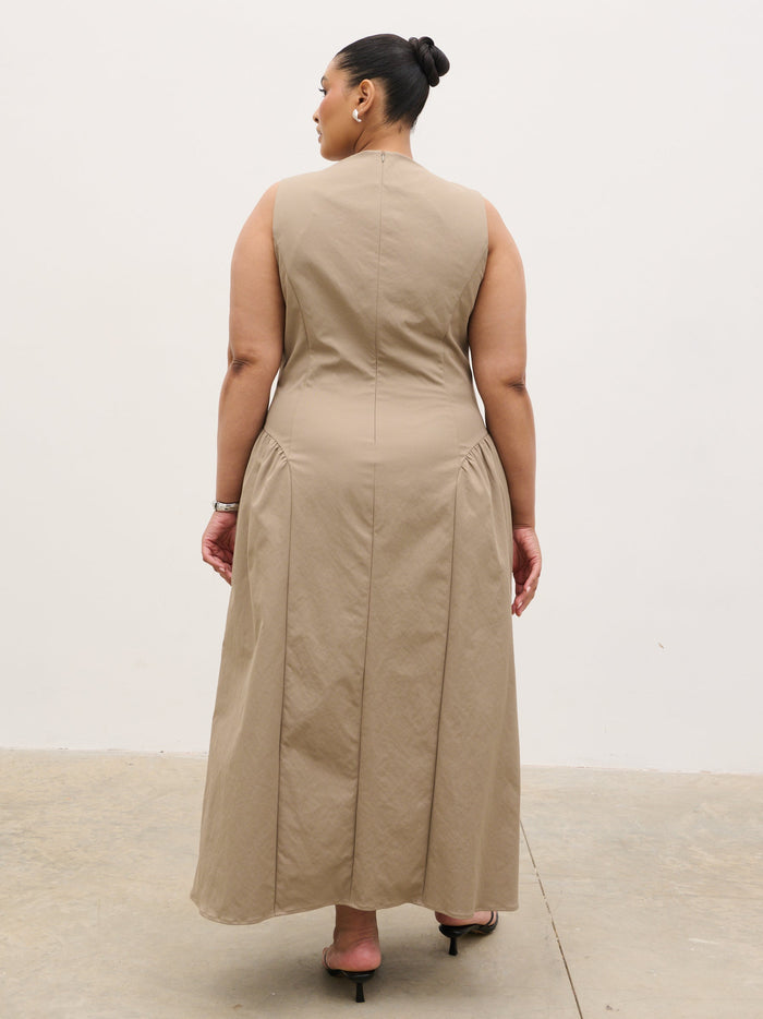 Souki Is 5'8" & Wears Size UK 18|Sylvie Slash Neck Midaxi Dress Curve - Taupe