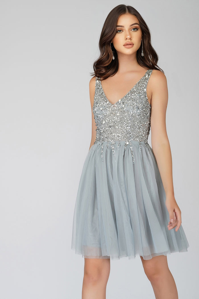 Symphony Light Grey Embellished Mini Dress