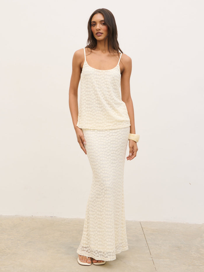 Lana is 5'9.5" & Wears Size UK 8|Talia Floral Maxi Skirt - Cream