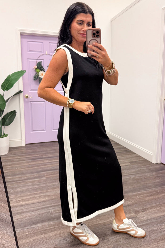 cream trim sleeveless scuba knit black midi dress side slits